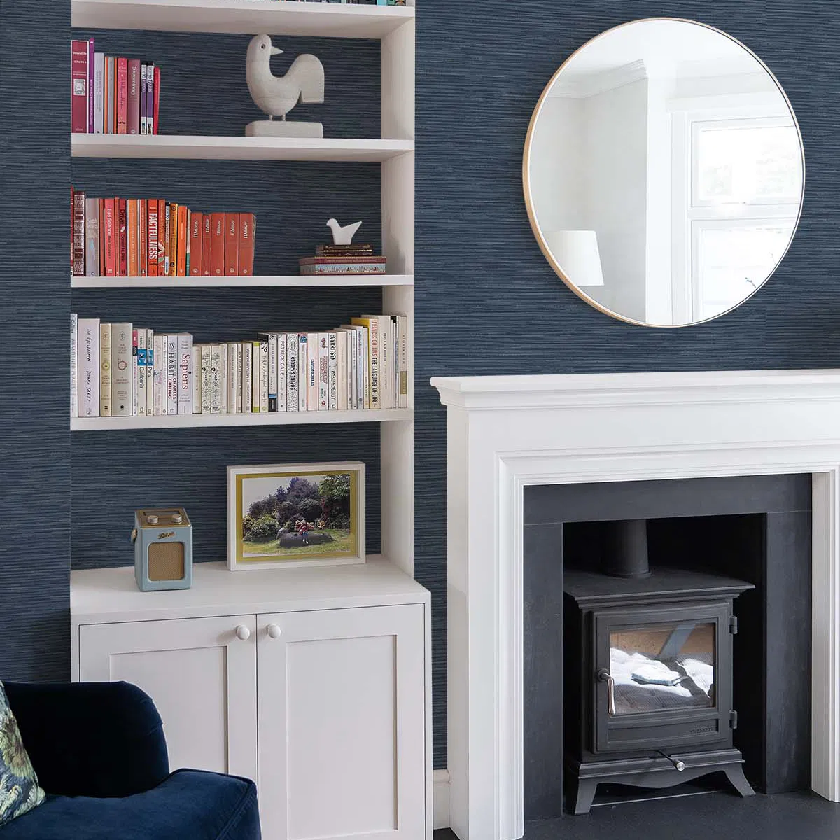 NextWall Peel & Stick Cyrus Faux Grasscloth Naval Blue & Metallic Silver Wallpaper