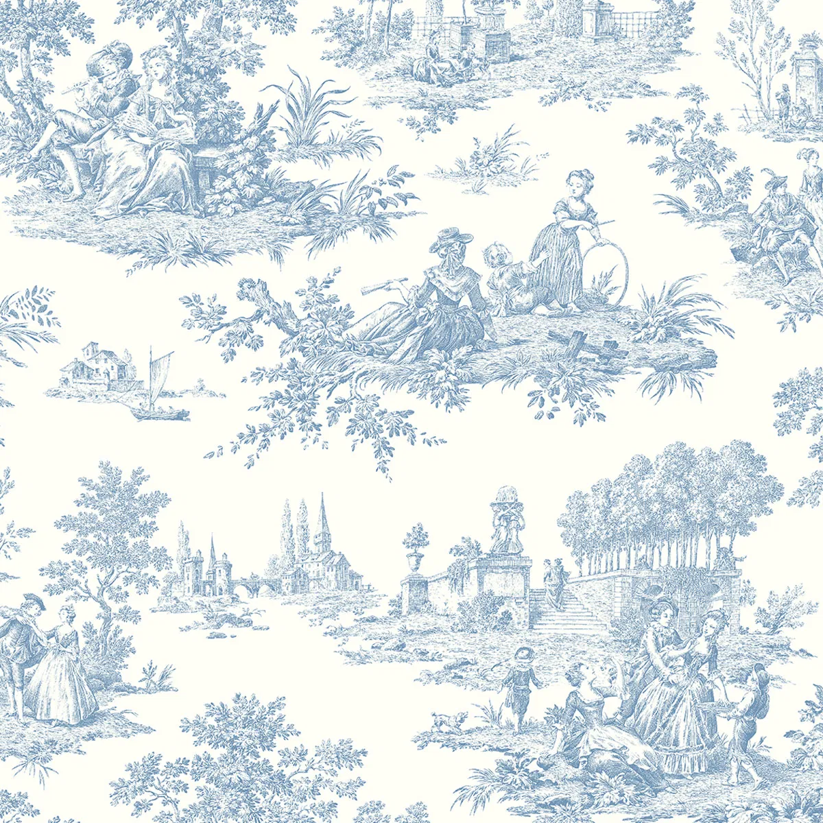 Seabrook Designs Chateau Toile Blue Bell Prepasted Wallpaper