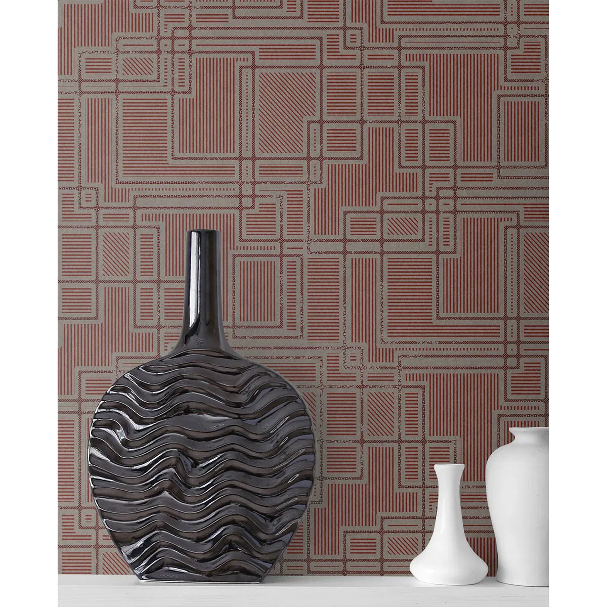Seabrook Designs Bauhaus Cityscape Burgundy & Graphite Wallpaper