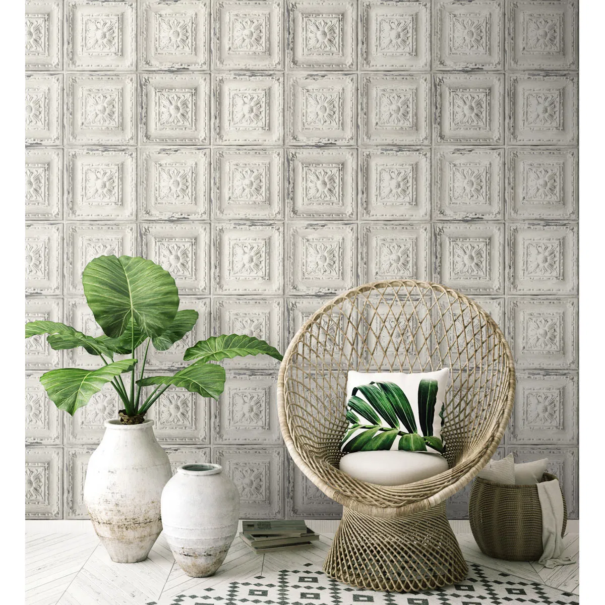 NextWall Peel & Stick Distressed Tin Tile Linen & Charcoal Wallpaper