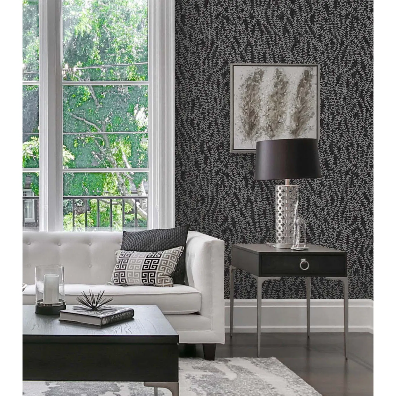 Seabrook Designs Seaweed Beaded Branches Silver Glass Wallpaper