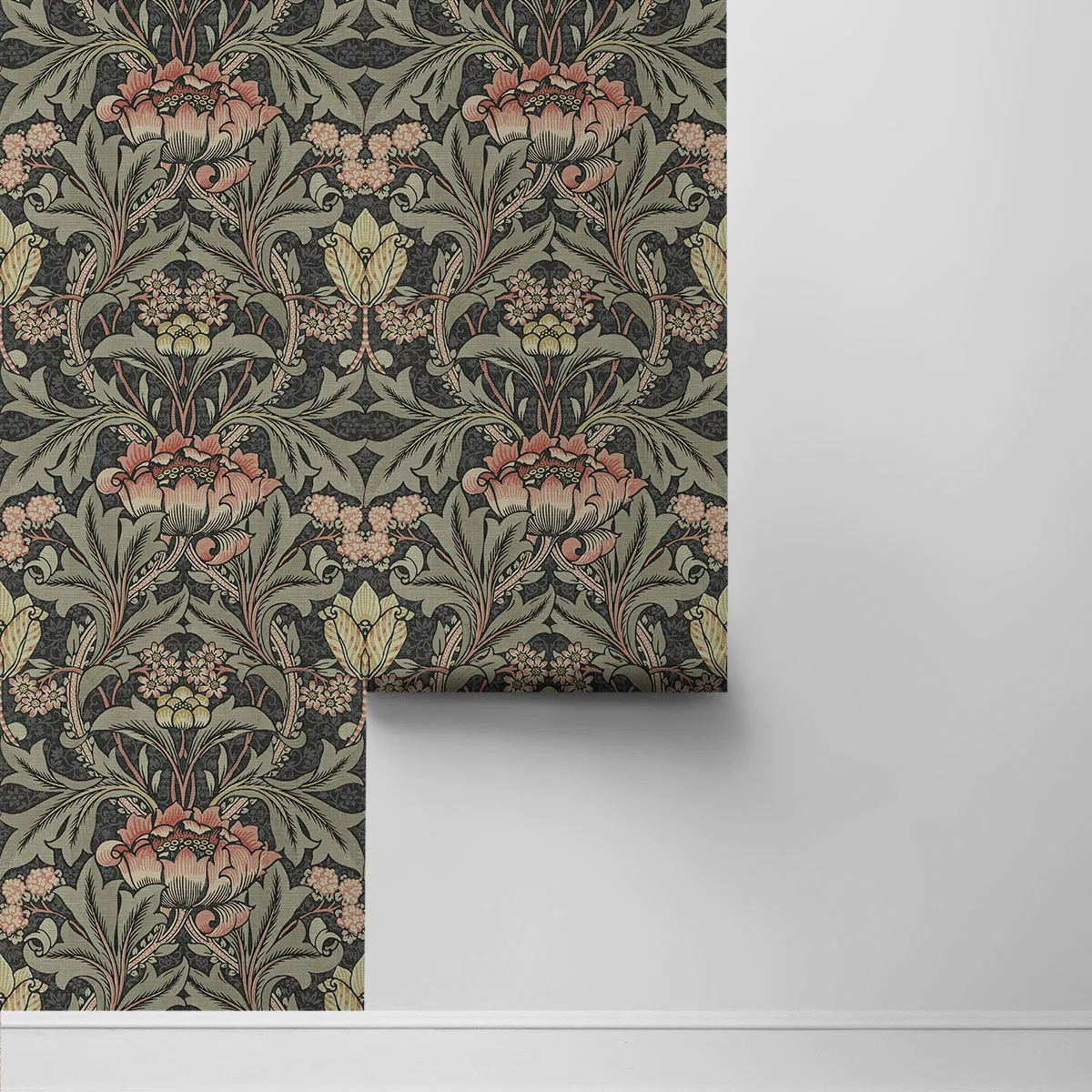 Seabrook Designs Acanthus Floral Charcoal & Rosewood Prepasted Wallpaper
