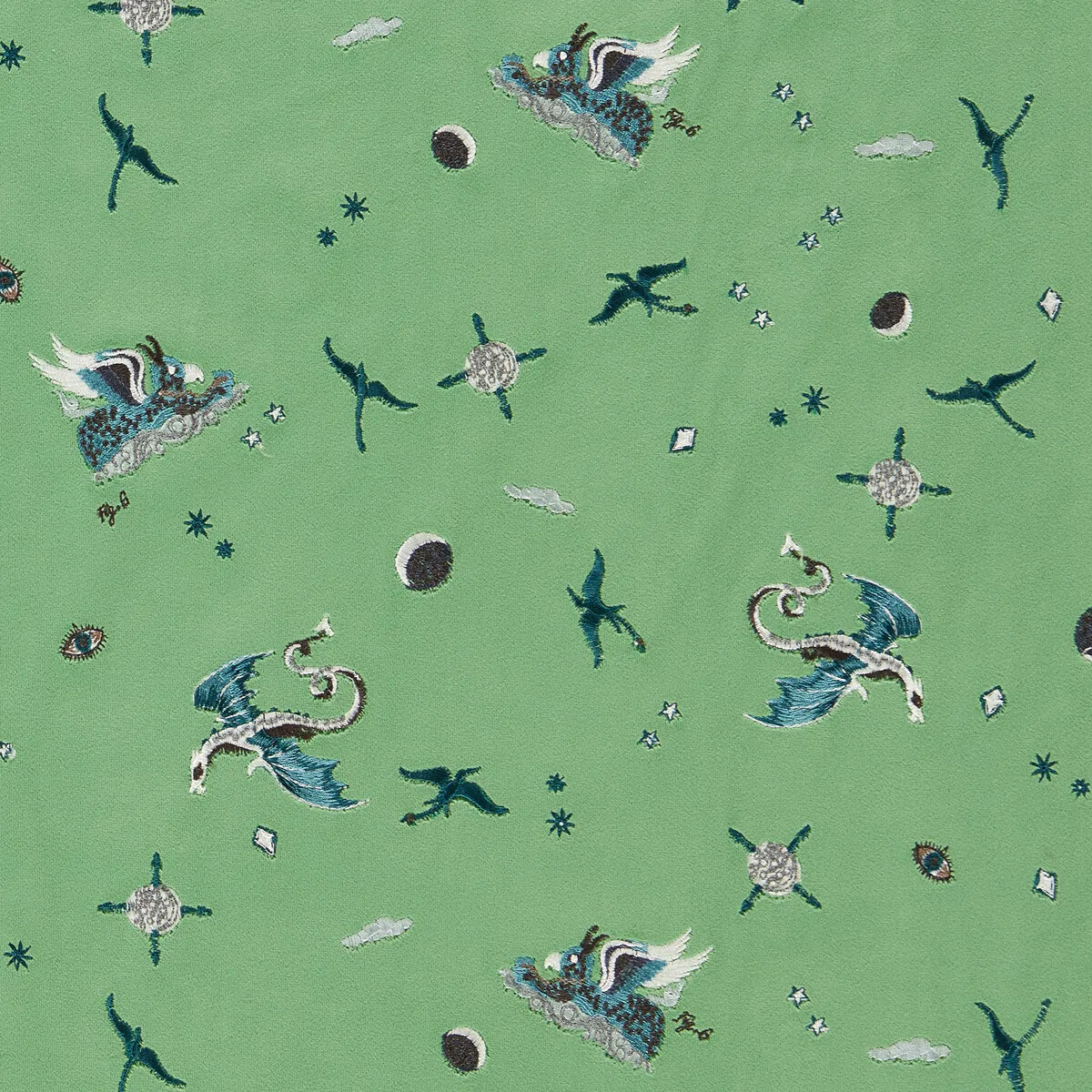 Clarke & Clarke Draco Cosmos Green Embroidery Fabric