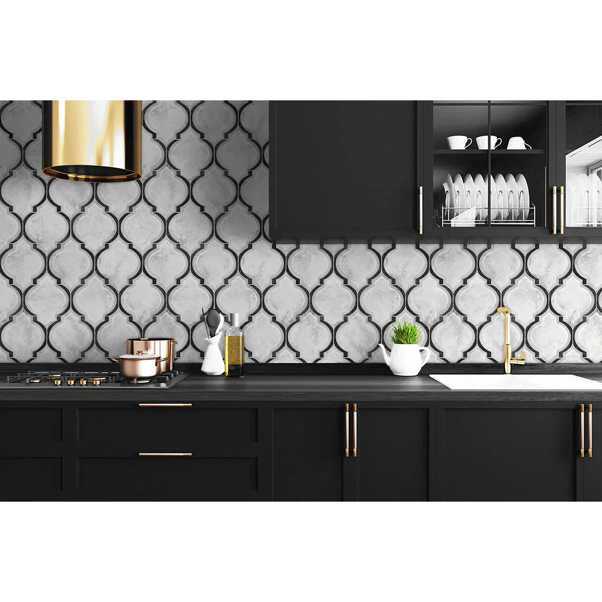 NextWall Peel & Stick Marbled Ogee Onyx & Carrara Wallpaper