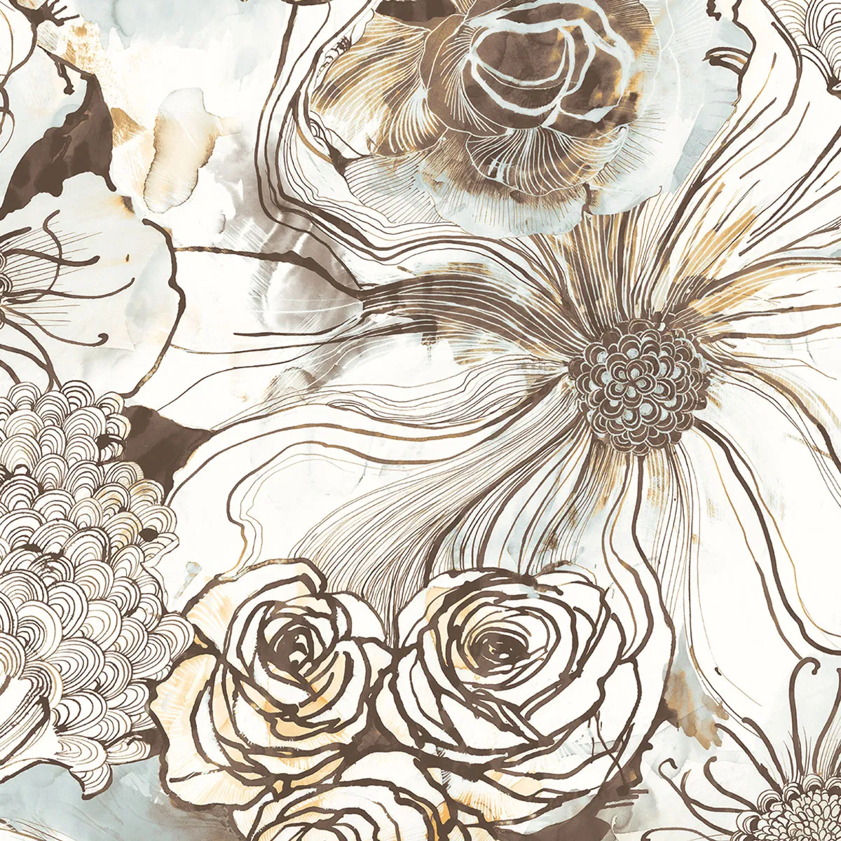 Harry & Grace Peel & Stick Ink Rose Mocha & Blue Mist Wallpaper