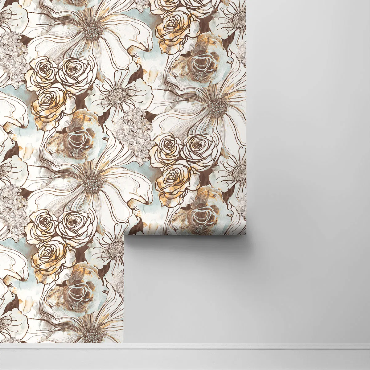 Harry & Grace Peel & Stick Ink Rose Mocha & Blue Mist Wallpaper