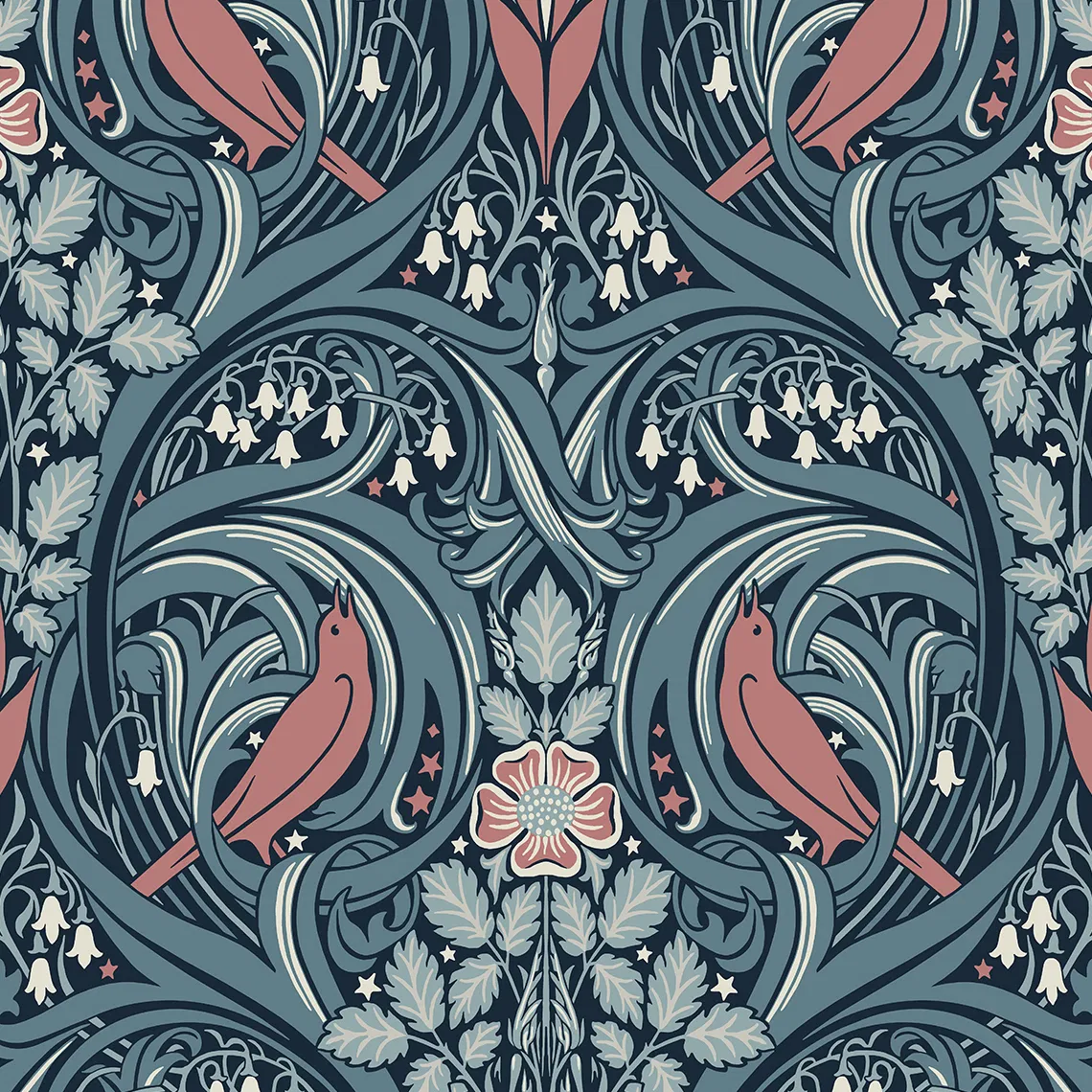 Seabrook Designs Bird Scroll Aegean Teal & Coral Wallpaper
