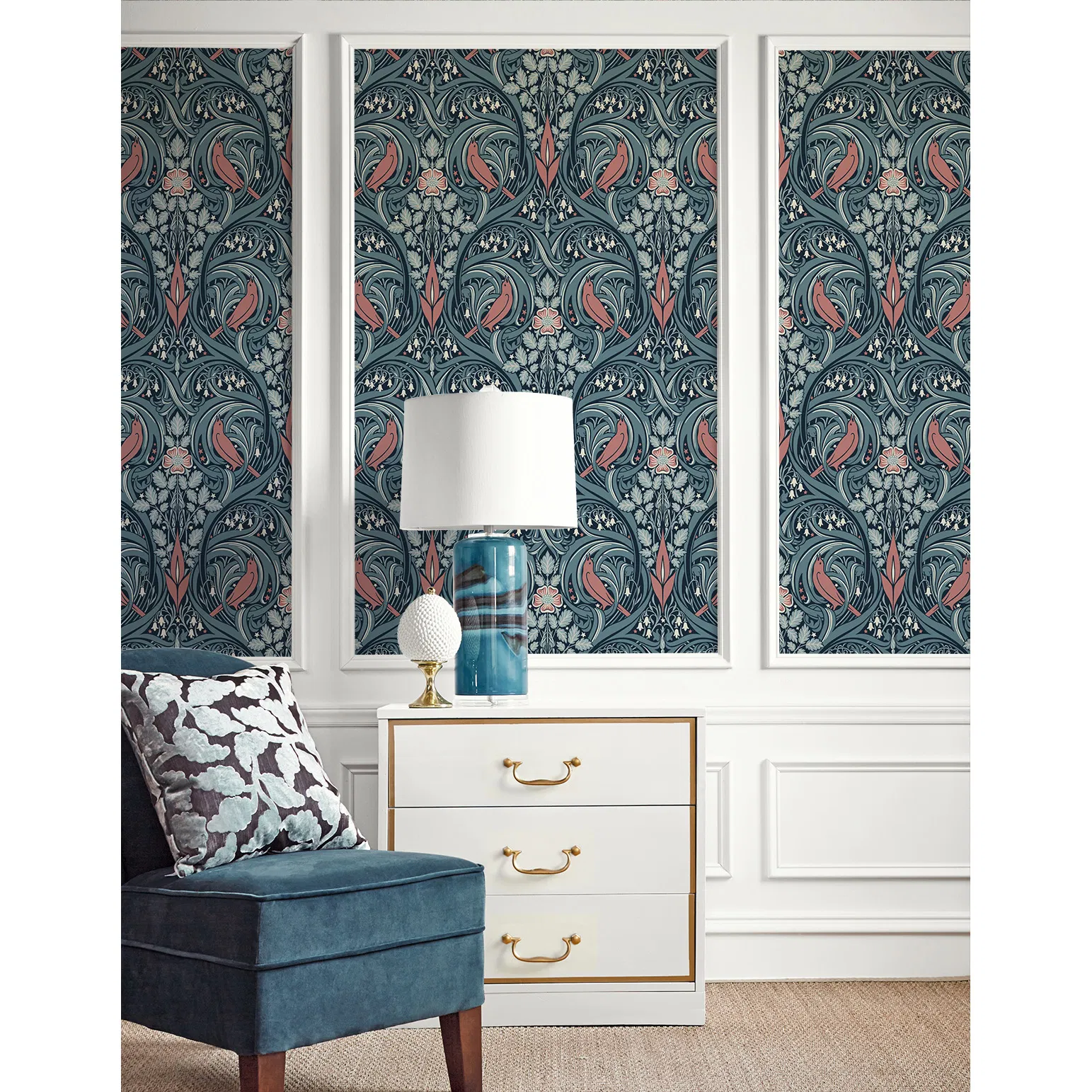 Seabrook Designs Bird Scroll Aegean Teal & Coral Wallpaper