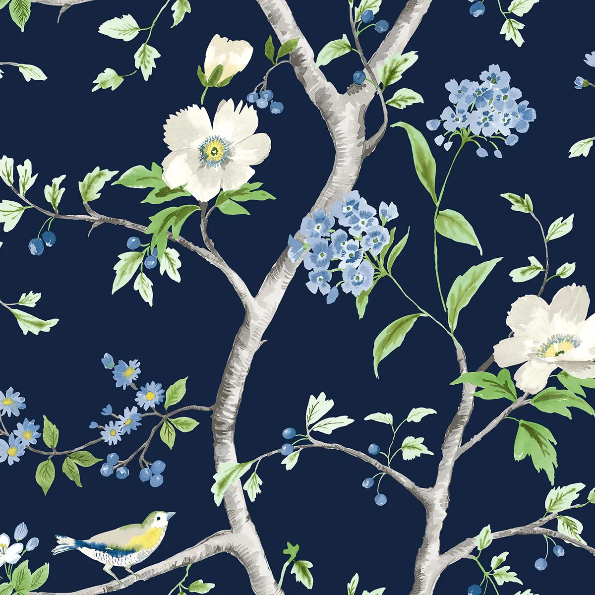 Lillian August Peel & Stick Floral Trail Navy Blue & Spring Green Wallpaper