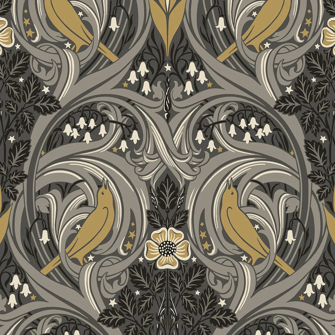 Seabrook Designs Bird Scroll Charcoal & Goldenrod Wallpaper