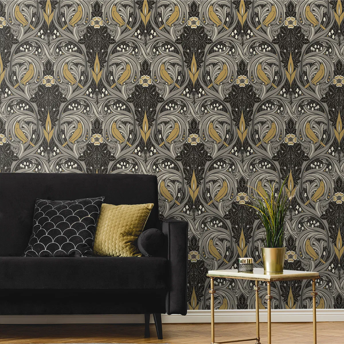 Seabrook Designs Bird Scroll Charcoal & Goldenrod Wallpaper