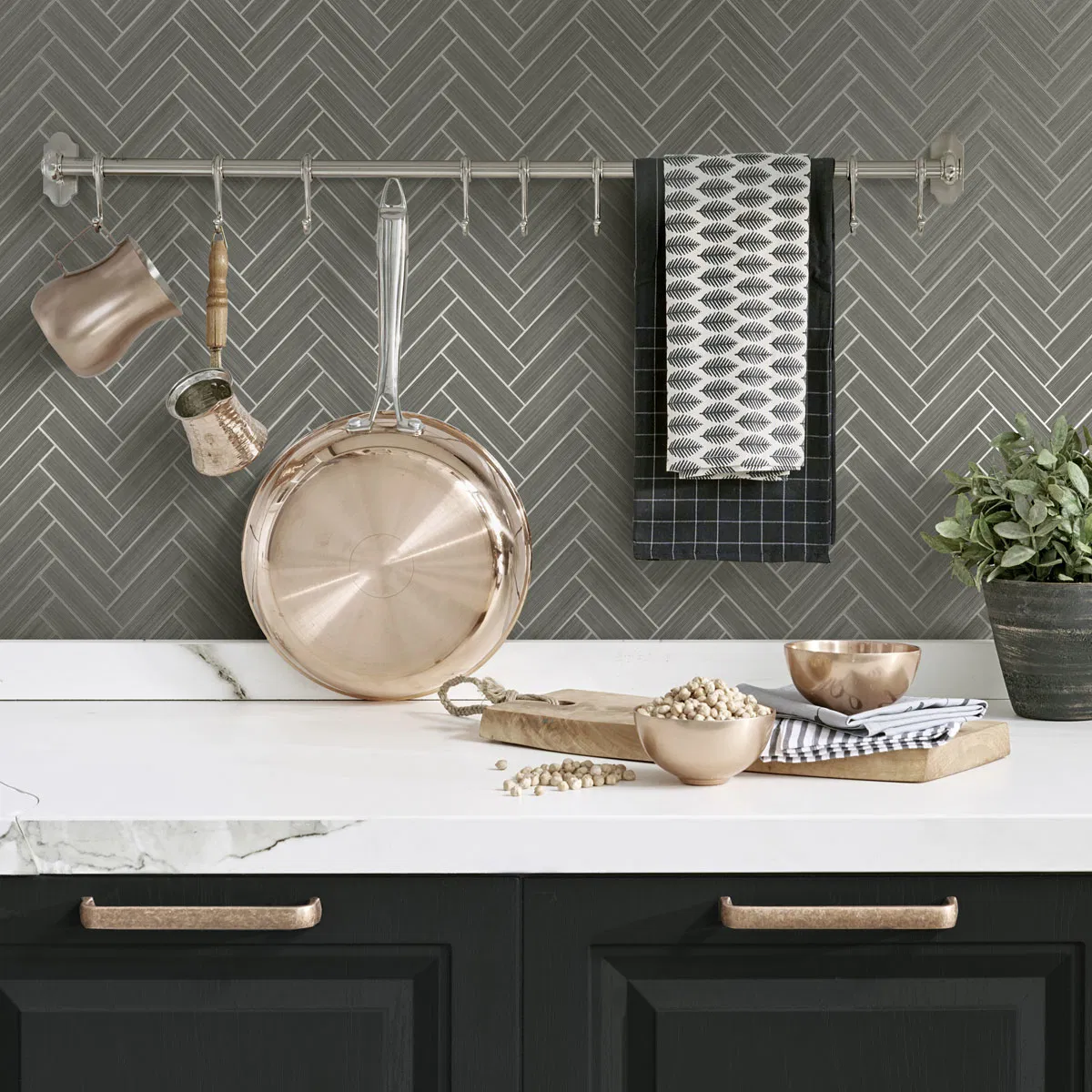 Stacy Garcia Home Peel & Stick Herringbone Inlay Graphite & Metallic Silver Wallpaper