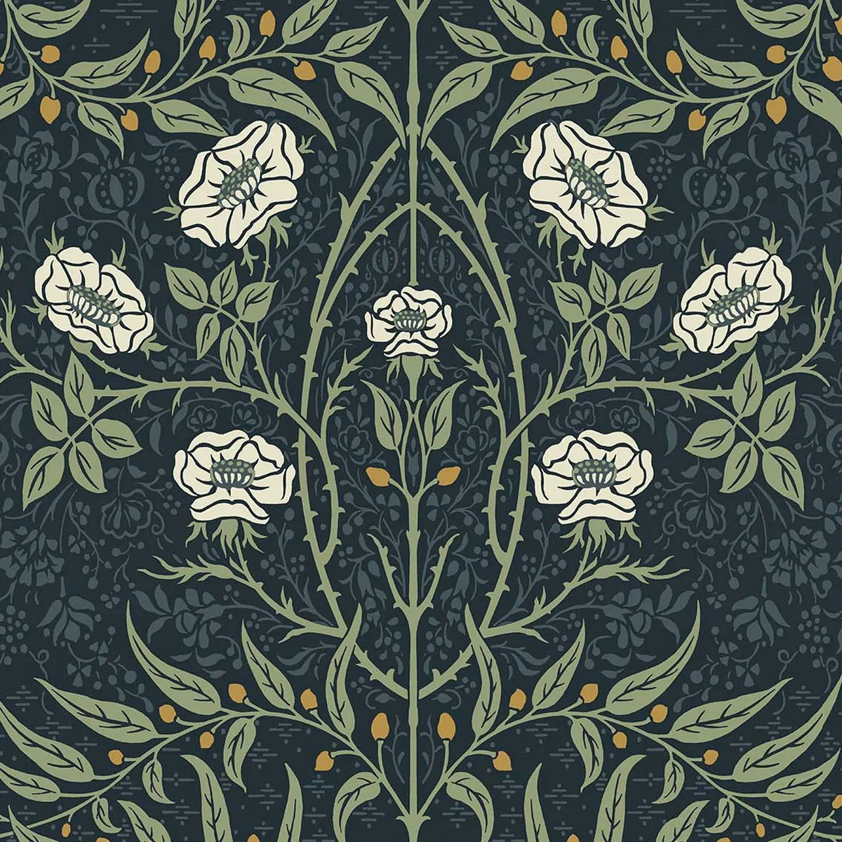 Seabrook Designs Stenciled Floral Navy & Sage Prepasted Wallpaper