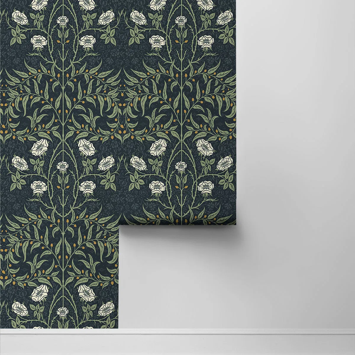 Seabrook Designs Stenciled Floral Navy & Sage Prepasted Wallpaper