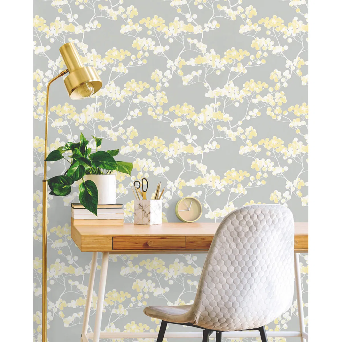 NextWall Peel & Stick Cyprus Blossom Buttercup & Gray Wallpaper