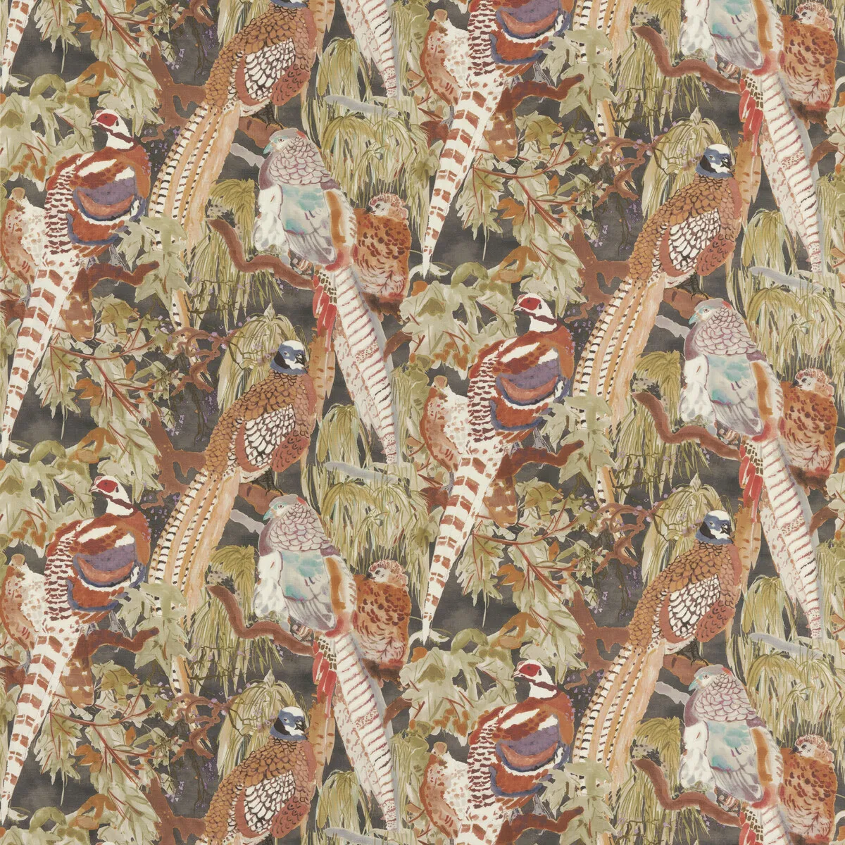 Mulberry Game Birds Linen Charcoal Fabric