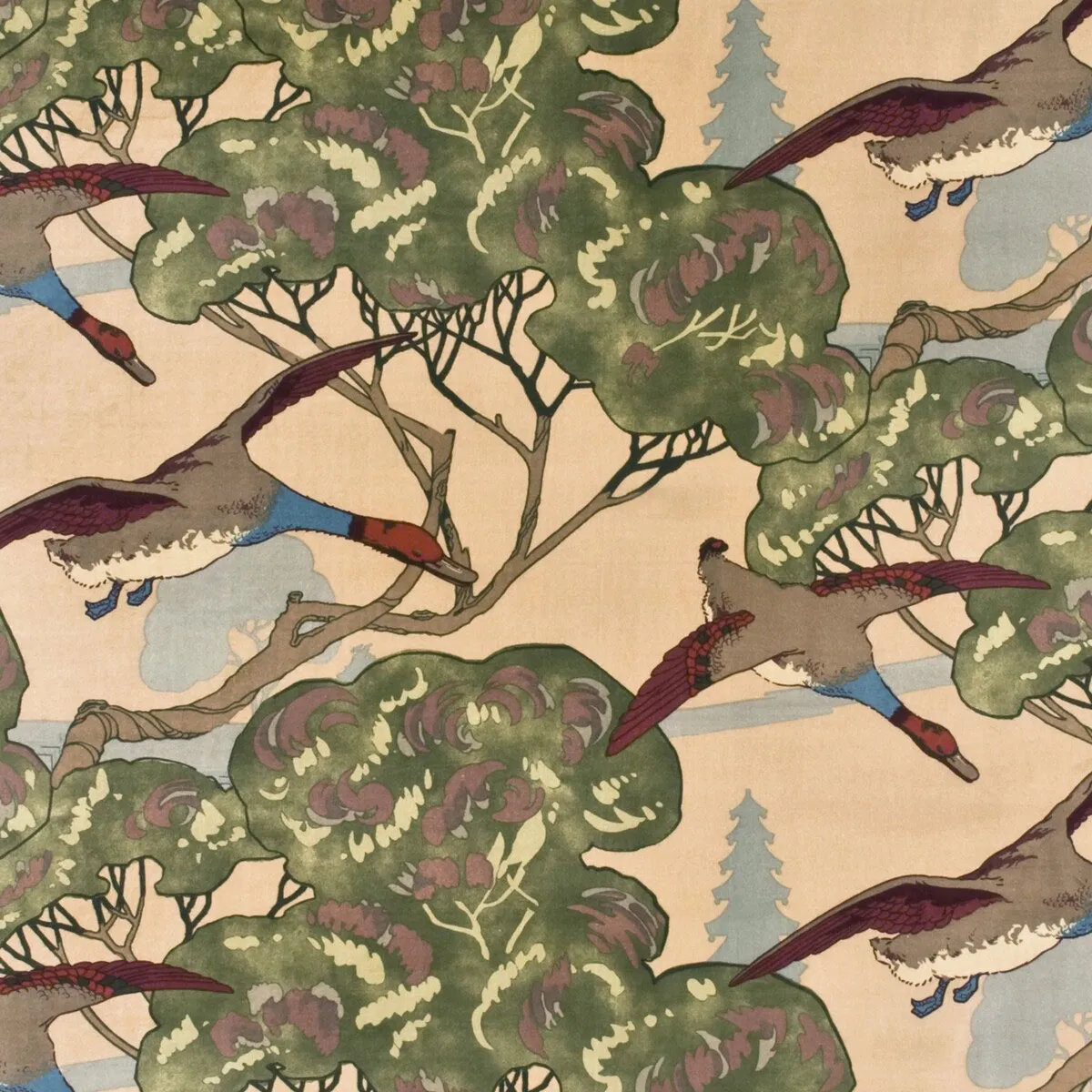Mulberry Flying Ducks Velvet Camel Fabric