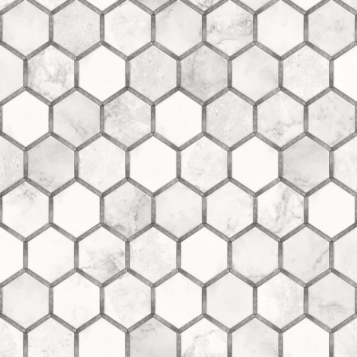 NextWall Peel & Stick Inlay Hexagon Carrara & Metallic Silver Wallpaper