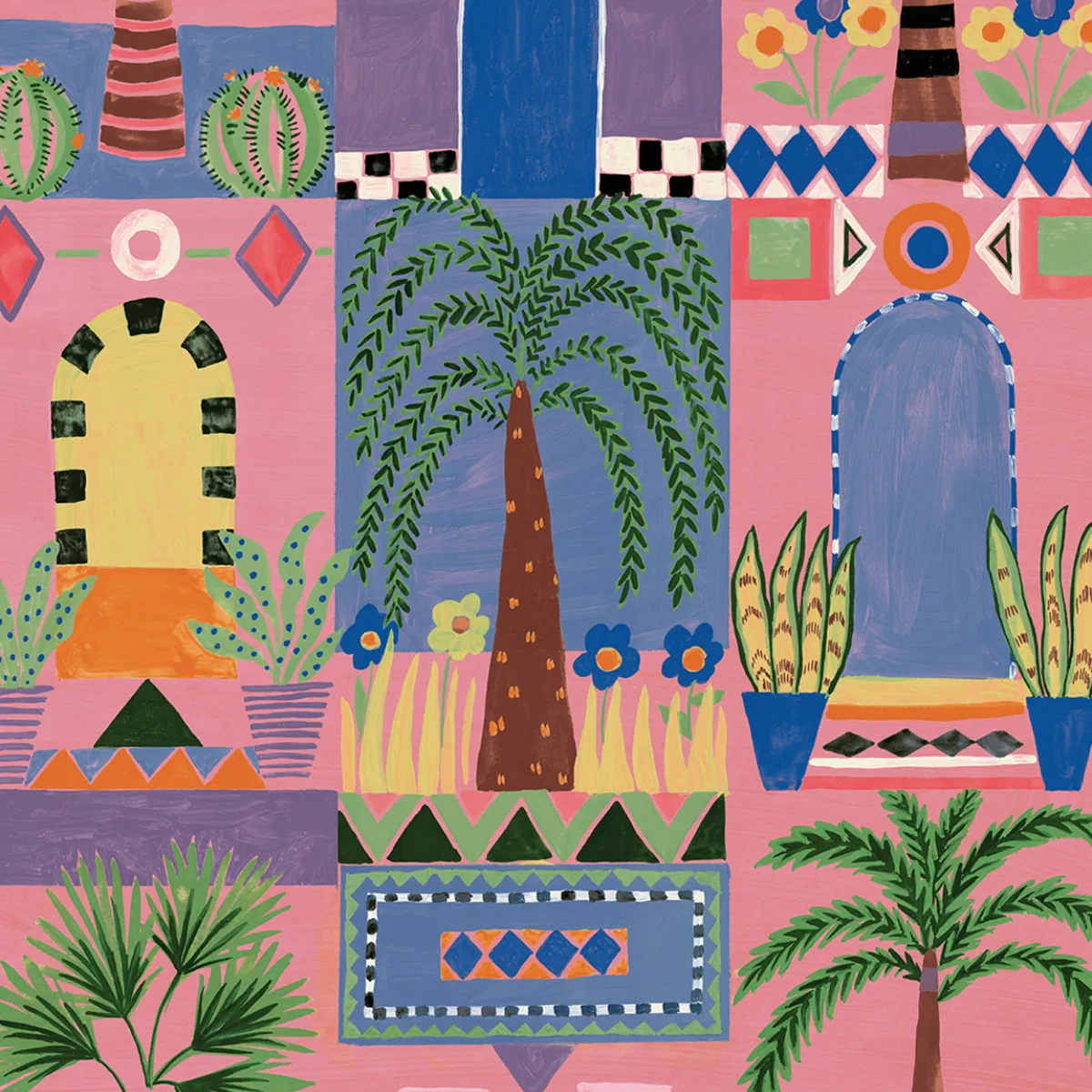 NextWall Peel & Stick Tropical Facade Pink Wallpaper