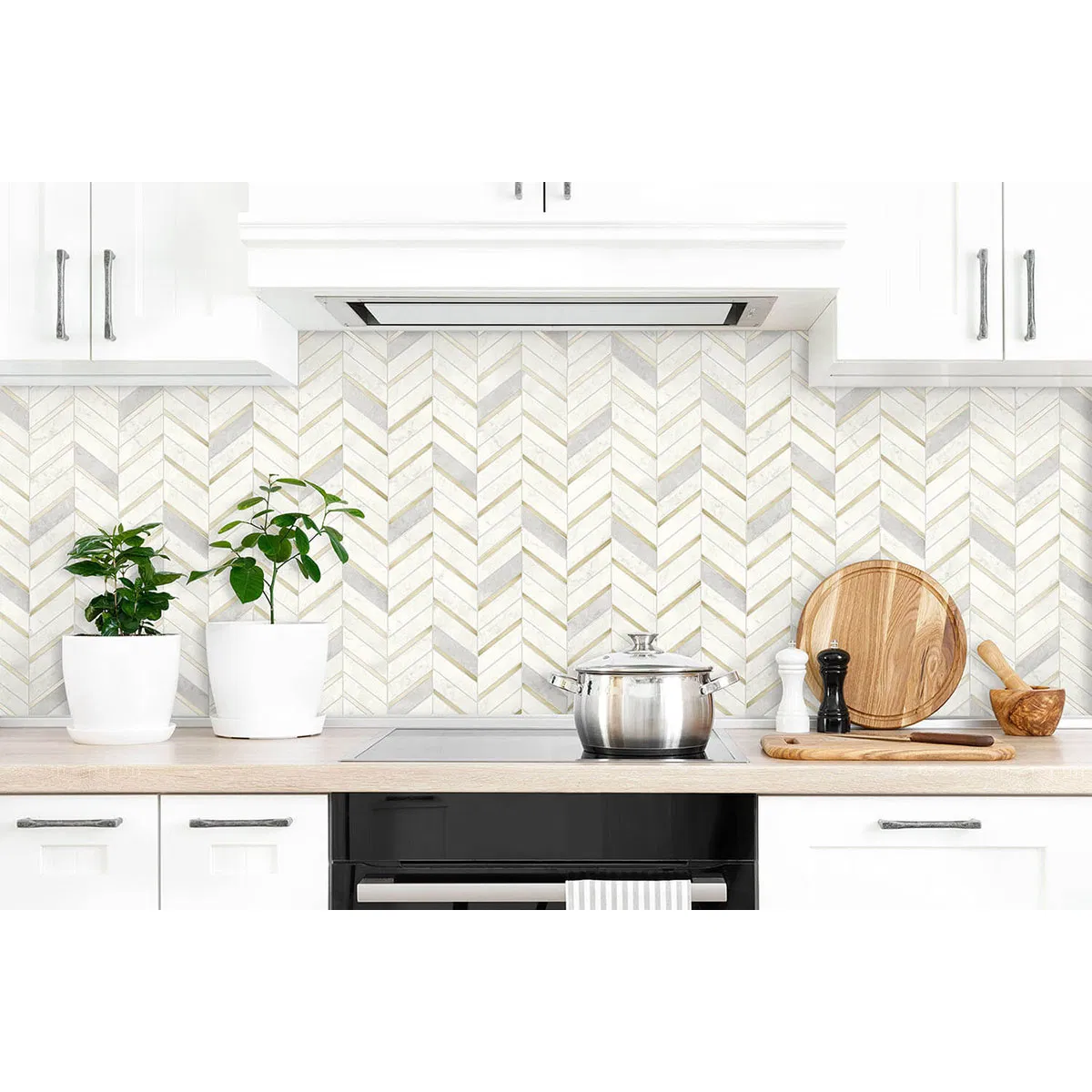 NextWall Peel & Stick Chevron Marble Tile Metallic Gold & Pearl Gray Wallpaper