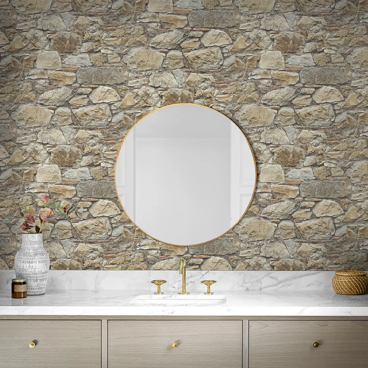 Seabrook Designs Faux Stone Wall Toffee & Ivory Prepasted Wallpaper